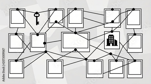 Conceptual network of interconnected photo frames with key and building icons on a gray background, representing business security, organization, and complex data mapping.