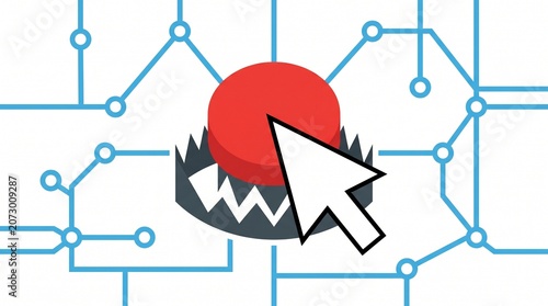 Cyber Security Concept Illustration of a Mouse Cursor Clicking a Red Button Hidden Inside a Bear Trap on Digital Circuit Background for Phishing and Online Scam Awareness
