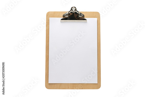 A vertical wooden clipboard with a silver metal clip holding a single blank sheet of white paper, isolated on a solid black background view