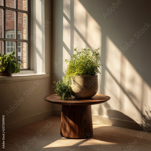 Green potted plant on a wooden pedestal table inside a room with sunlight streaming through a window