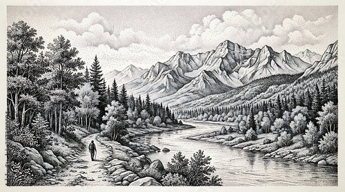 Serene Mountain Landscape with River Trees.