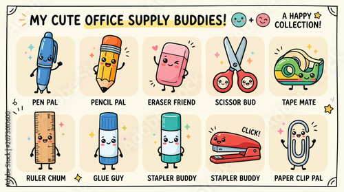Cute cartoon office supplies collection