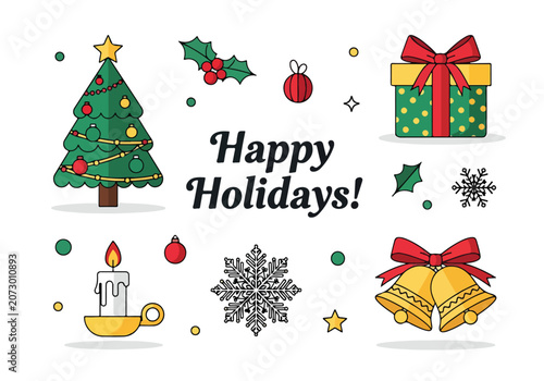 Fotografie A festive holiday graphic with a Christmas tree, gifts, and decorations
