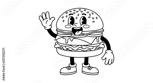 Vintage Cartoon Style Hamburger Mascot Vector Illustration Featuring a Cheerful Fast Food Character Waving Hello in a Retro 1930s Rubber Hose Animation Design