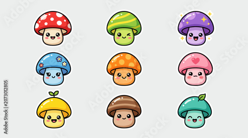 Cute kawaii mushroom characters collection