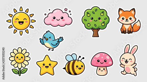 Cute kawaii nature animals and objects