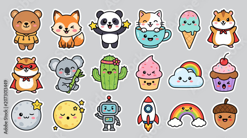 Cute kawaii characters and objects set