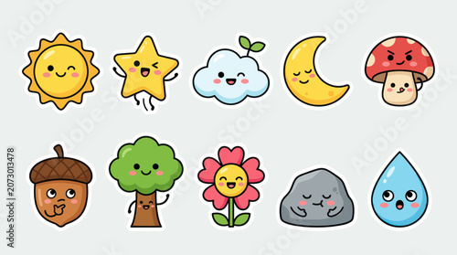 Cute kawaii nature icons set