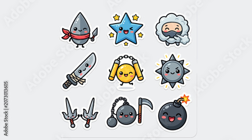 Cute kawaii ninja weapons and icons
