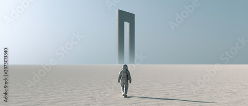 Lone Astronaut Crossing a Mirror Plain Toward a Floating Crescent