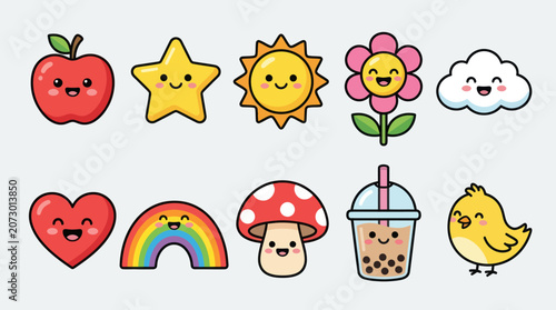 Cute kawaii objects and characters set