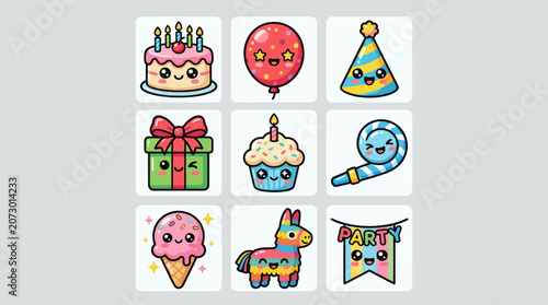 Cute kawaii party icons
