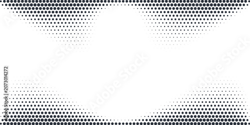 Hexagon halftone gradient texture. Abstract black grunge background. Geometric retro halftone tech overlay. Fading wavy hexagonal pattern backdrop. Vector wallpaper