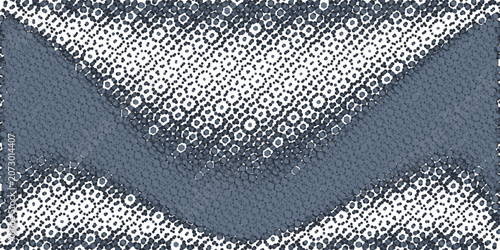 Hexagon halftone gradient texture. Abstract black grunge background. Geometric retro halftone tech overlay. Fading wavy hexagonal pattern backdrop. Vector wallpaper