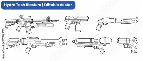 Fotografie Water gun vector line art blasters set featuring tactical toy rifles, shotguns, and pistol outline icons for coloring book design isolated on white background for gaming and play concept illustration