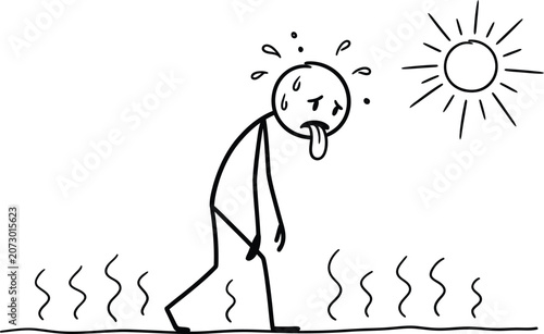 Foto Stick figure drawing of a man suffering from extreme heat and exhaustion on a su