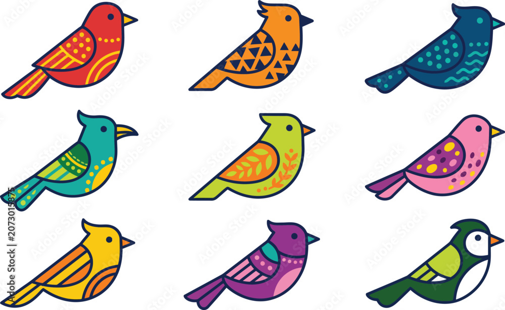 Obraz premium Set of colorful stylized birds with decorative patterns