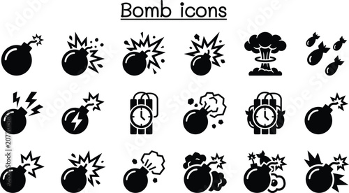 Photos Set of bomb icons, vector illustration, flat design, explosive, weapon, danger,