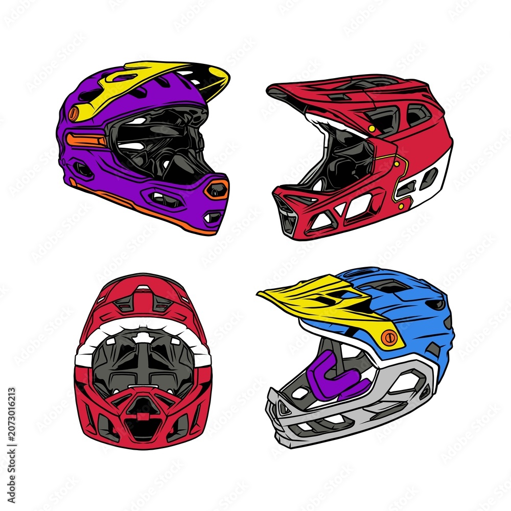 Fototapeta premium Full face bicycle helmets vector illustration set