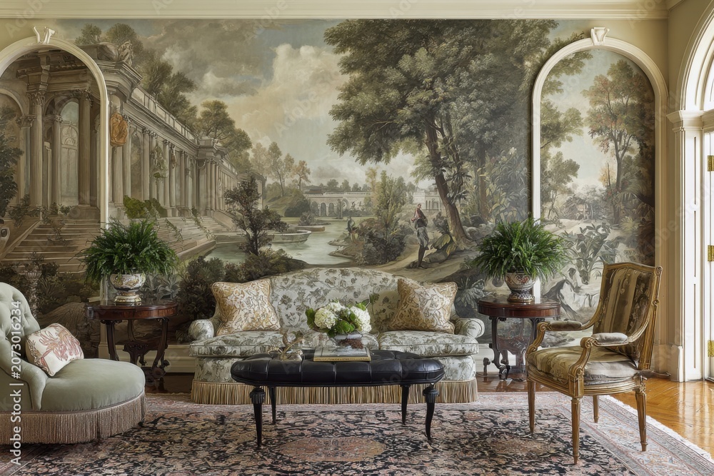 Fototapeta premium Spacious interior living area featuring an expansive decorative wall artwork inspired by classical themes emphasizing grandeur, artistic storytelling, and refined architectural elegance