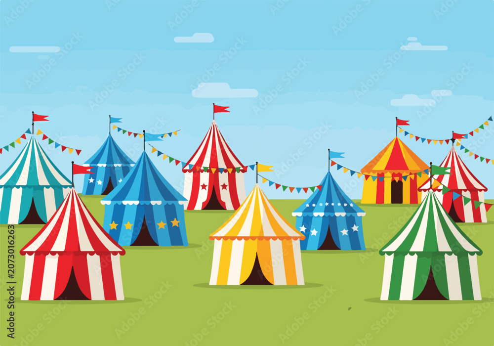 Fototapeta premium Colorful circus tents on green grass