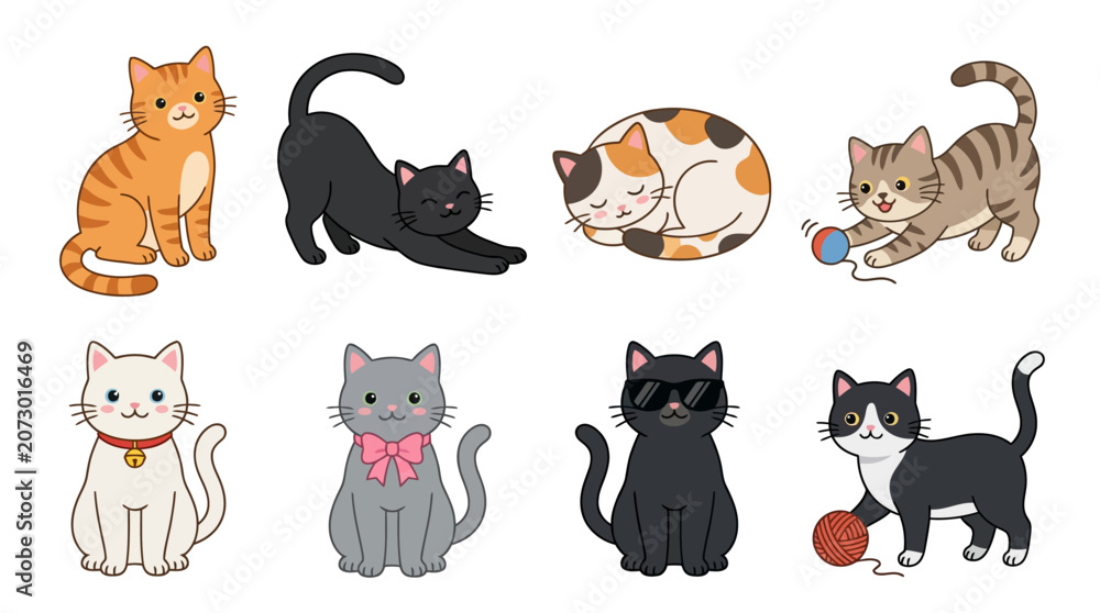 Fototapeta premium A collection of cute cartoon cats in various poses and colors isolated on white background.