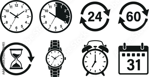 Schilderij op canvas Set of time and clock icons, including watch, alarm clock, calendar, hourglass a