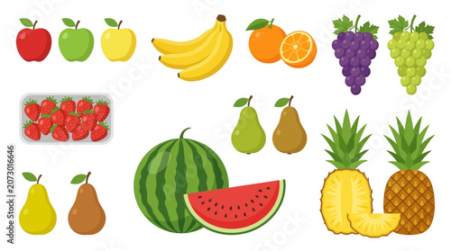 Set of various fresh fruits isolated on white background in flat vector style.