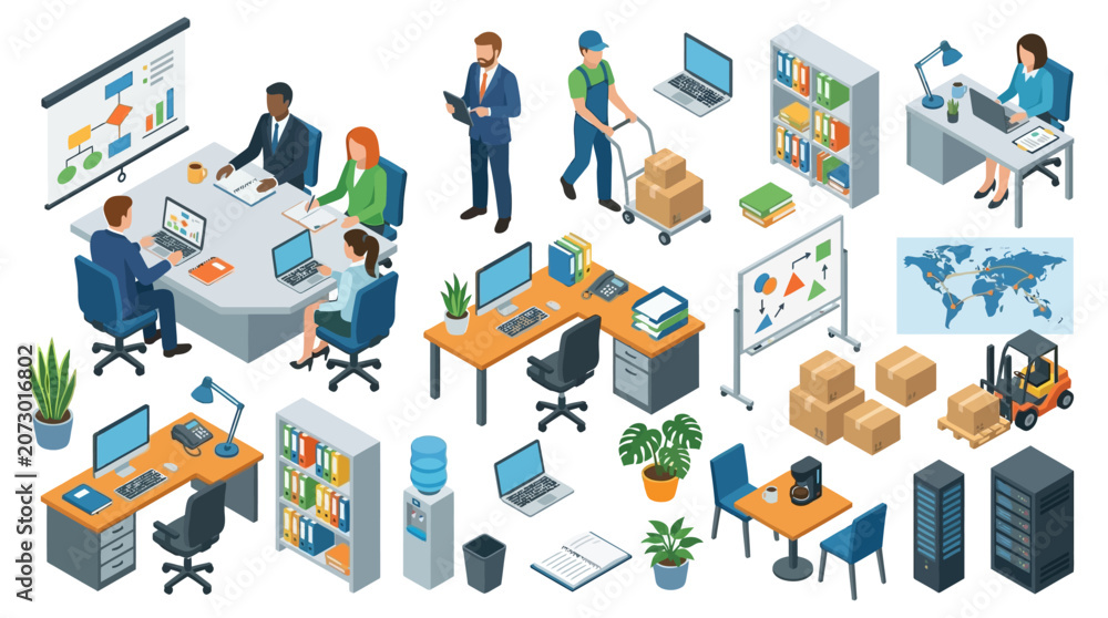 Naklejka premium Modern office workspace with teamwork, technology integration, and diverse professionals in a dynamic professional environment