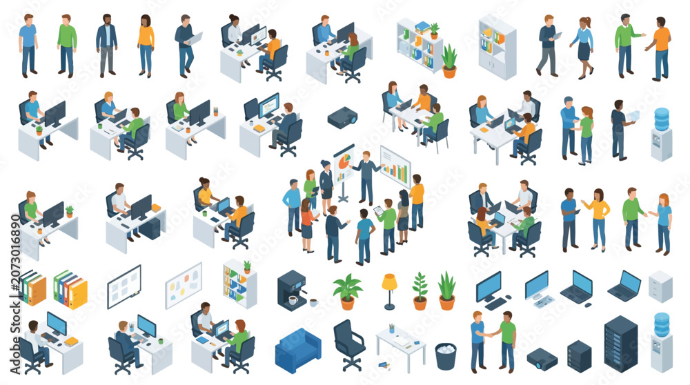 Fototapeta premium Modern office workspace with diverse employees collaborating and working at desks and conference tables in a professional