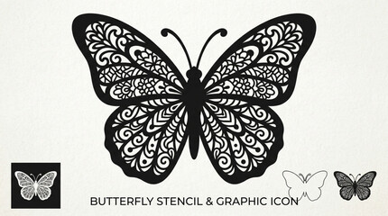 Black and white butterfly stencil with detailed patterns