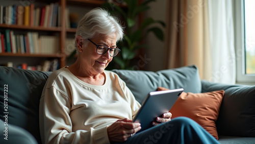 Mature woman using digital iteration tablet while sitting on sofa at home ar beautiful modern