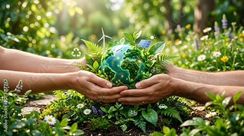 Earth Day Environmental Concept with Hands Holding Green Globe and Sustainable Future Theme