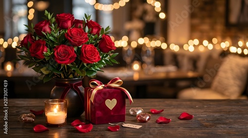 Elegant Valentine's Day Background with Red Roses, Romantic Candlelight and Luxury Gift Box