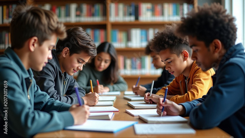 Multiethnic group of students iteration sitting in a library and studying together ar beautiful modern
