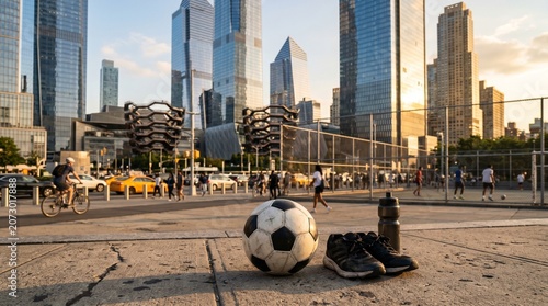 Soccer ball in a modern city environment, blending sports culture with urban lifestyle.