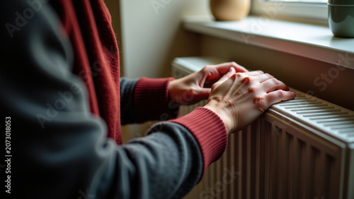 Ar beautiful modern house iteration creative design Senior woman warming her hands on a radiator