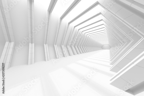 Bright white angular architectural tunnel background with strong perspective for futuristic banner and interior minimalism .3d render