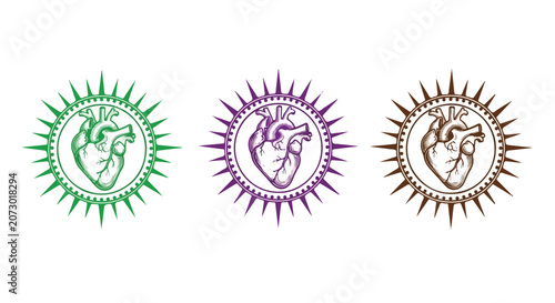 Set of three sunburst logo emblems featuring stylized liberty profile icons across varied colors and circular motifs.