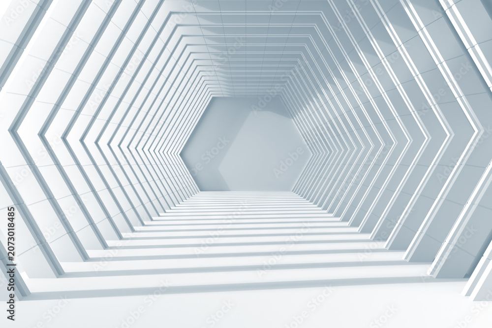 Obraz premium Hexagonal geometric tunnel corridor with repeating frames for futuristic perspective background and architectural design .3d render