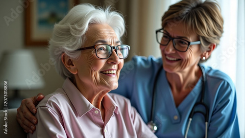 Elderly woman with her iteration caregiver in a nursing home ar beautiful modern house creative