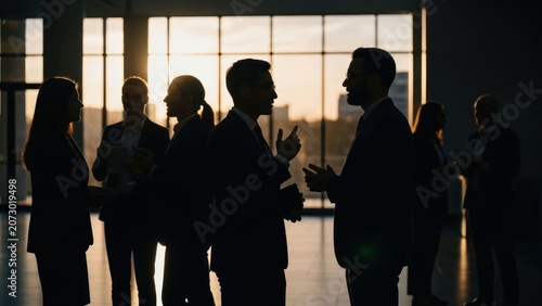 Silhouetted business people converse in a bright, modern interior