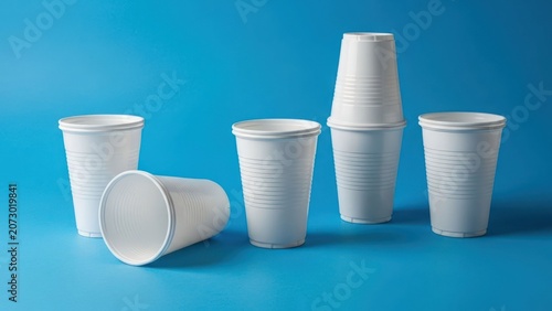 White disposable cups against blue backdrop