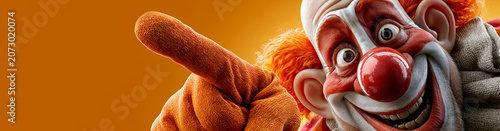 A Cheerful Clown with Red Nose and Bright Makeup Pointing to Empty Copy Space on a Vibrant Orange Background. Ideal for Circus Ads, Kids Parties and Playful Promotions. Generative Ai.