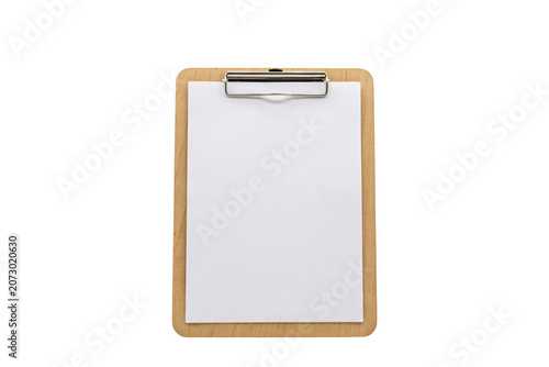 A vertical wooden clipboard with a silver metal clip holding a single blank sheet of white paper, isolated on a solid black background view