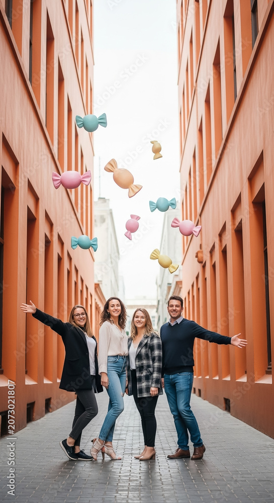 Obraz premium Group of friends stands in a narrow urban alleyway while vibrant candy illustrations float in the air around them.