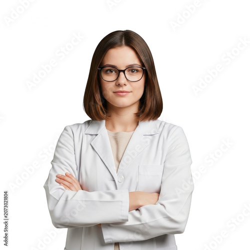 Young female doctor wearing glasses and a white medical coat isolated on transparent background