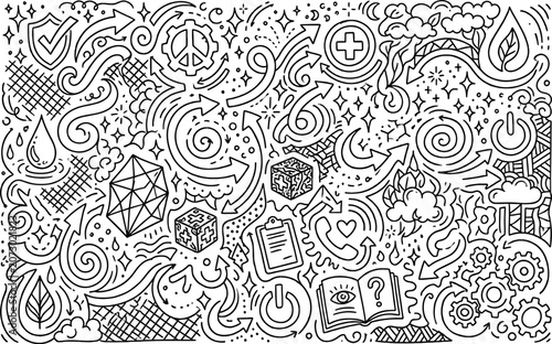 Abstract concept icons doodle pattern hand drawn symbols with abstract background business technology development strategic communication analysis innovation structure planning