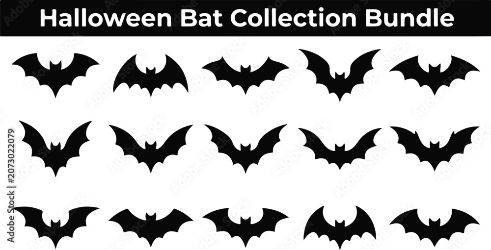 Fototapeta premium Halloween bat silhouette set isolated on white background. Spooky black horror bat graphic. Vector illustration on transparent background