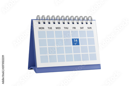 A3d desk calendar for the month of october featuring a blue checkmark symbol on the fourteenth day, isolated on a transparent background